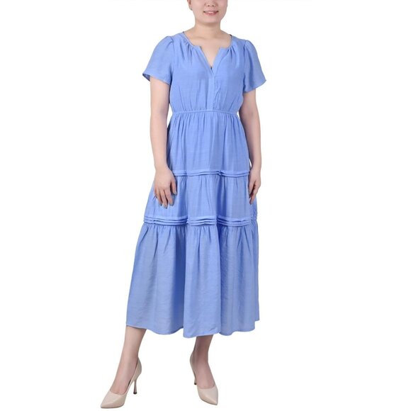 NY Collection Womens Petites Tiered Split Neck Midi Dress Blue Size PL MSRP $54 - Picture 1 of 3